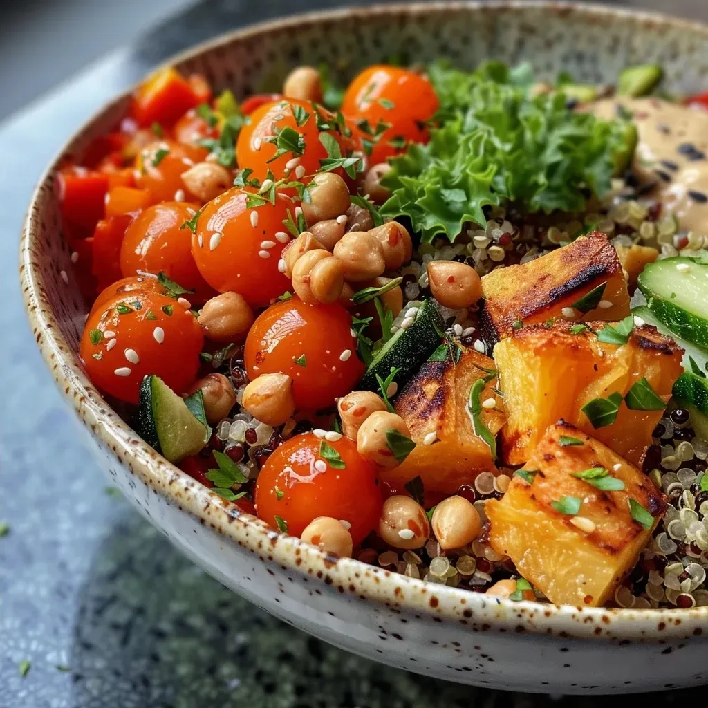 Close-up view of a nutritious quinoa bowl filled with sweet potatoes, chickpeas, and vibrant vegetables, drizzled with tahini.