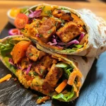 Close-up view of a colorful Süßkartoffel wrap filled with fresh vegetables and tofu.