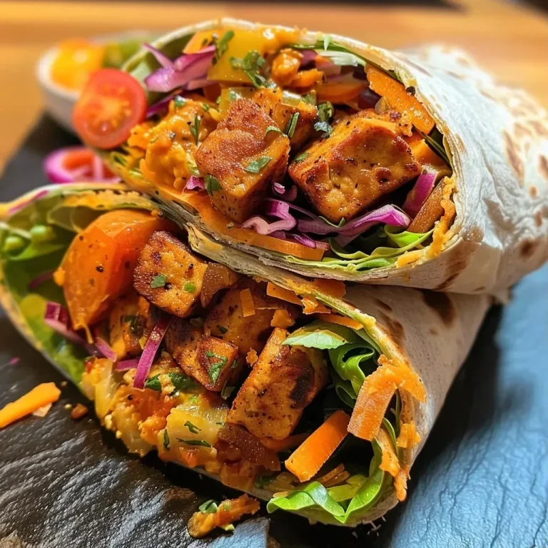Wrap dich glücklich: Einfacher Süßkartoffel-Wrap mit buntem Gemüse Close-up view of a colorful Süßkartoffel wrap filled with fresh vegetables and tofu.