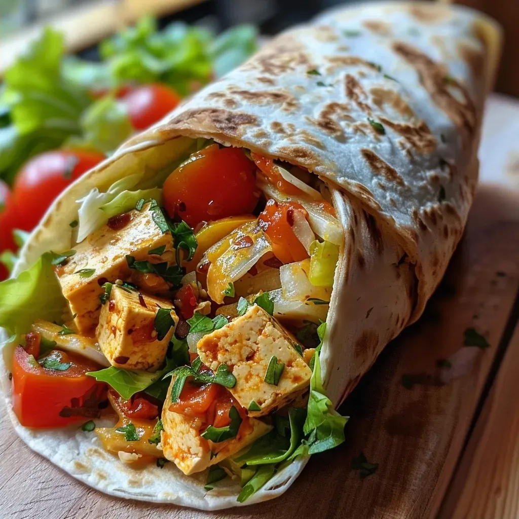 Side view of a juicy Süßkartoffel wrap showcasing vibrant ingredients like salad, tomatoes, and cucumber.