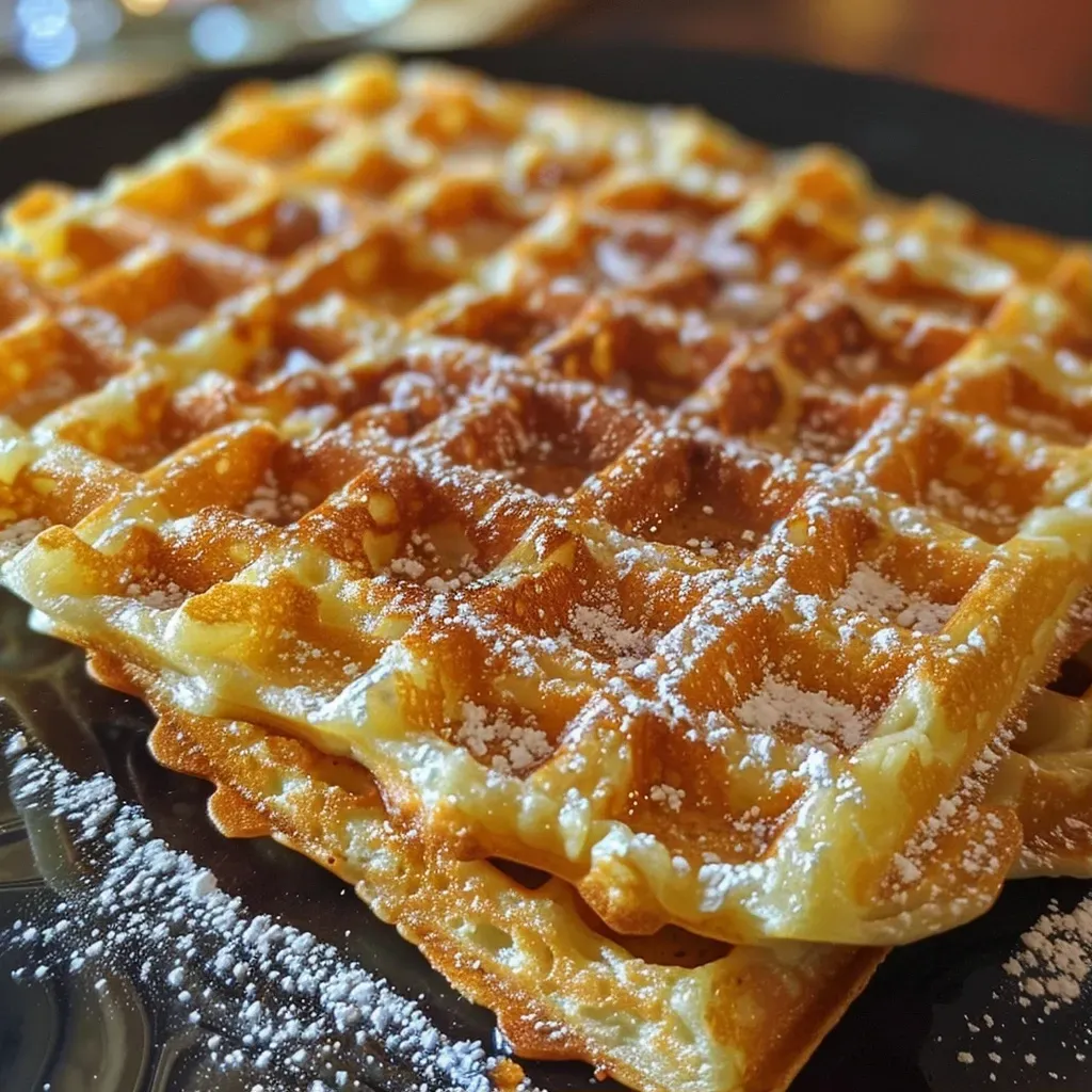 A close-up side view of golden-brown Süßkartoffelwaffeln stacked on a plate.