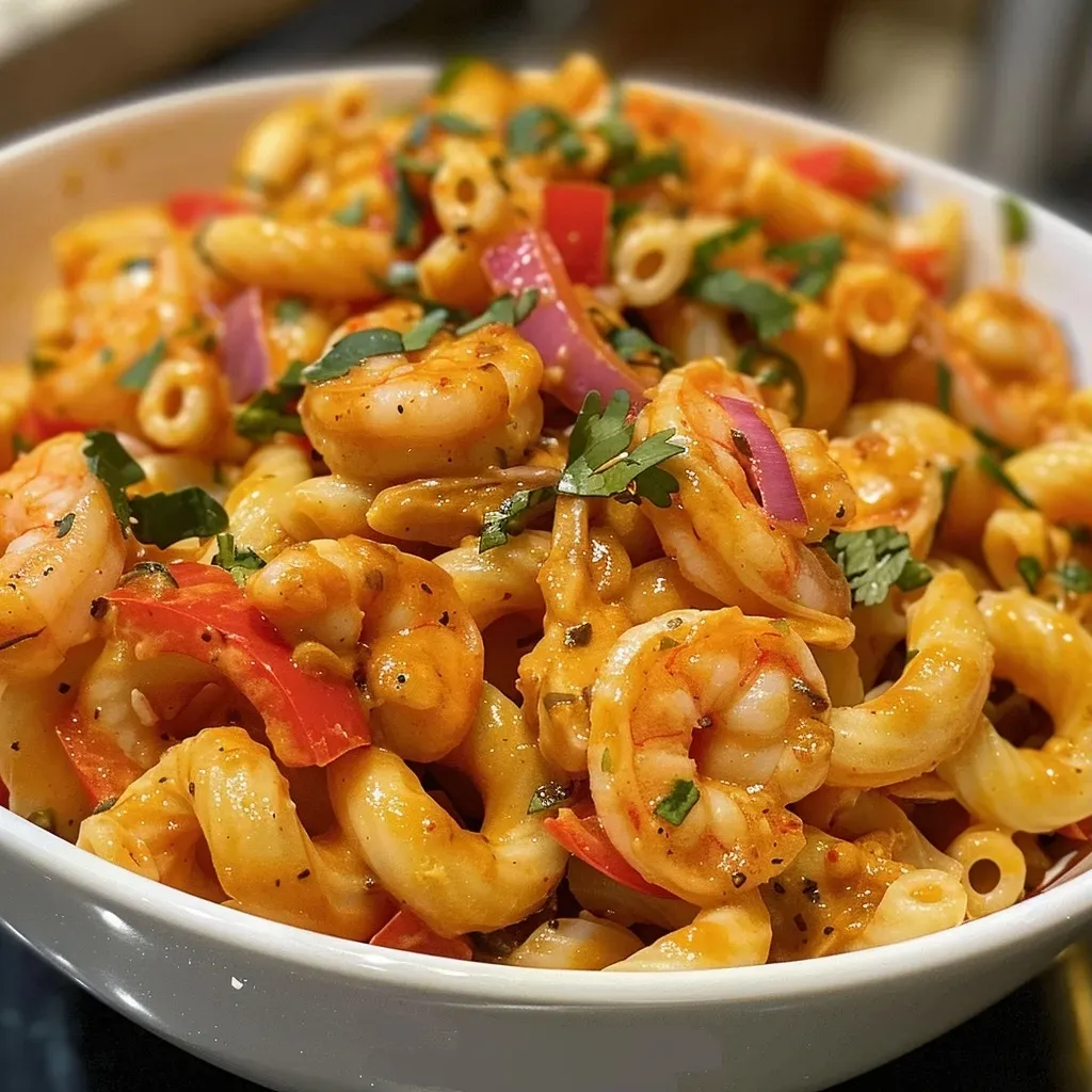 A close-up view of Thai Coconut Red Curry Seafood Mac and Mozzarella, showcasing vibrant red bell peppers and seafood.