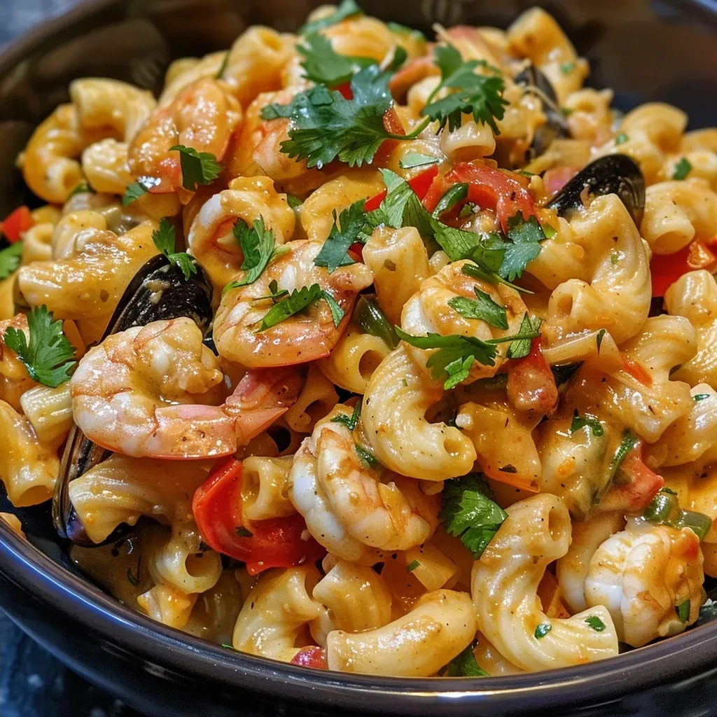 A side photo of creamy macaroni with seafood, garnished with cilantro, captured on an iPhone 15 Pro.