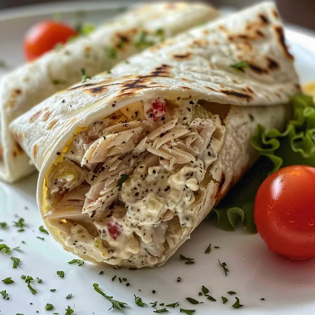 Side view of a delicious tuna and spinach wrap on a plate.