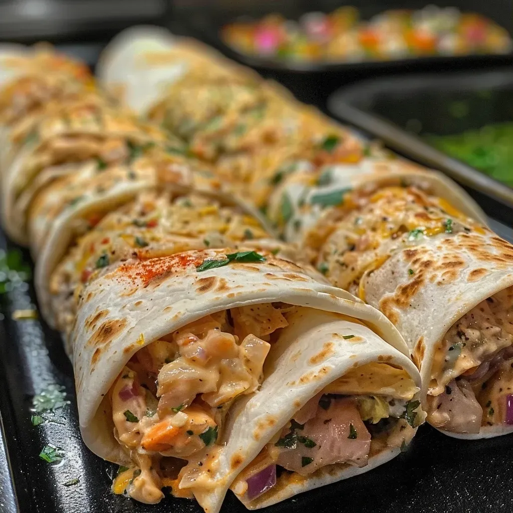 Close-up view of a juicy Thunfisch wrap made in an air fryer, showcasing fresh ingredients.