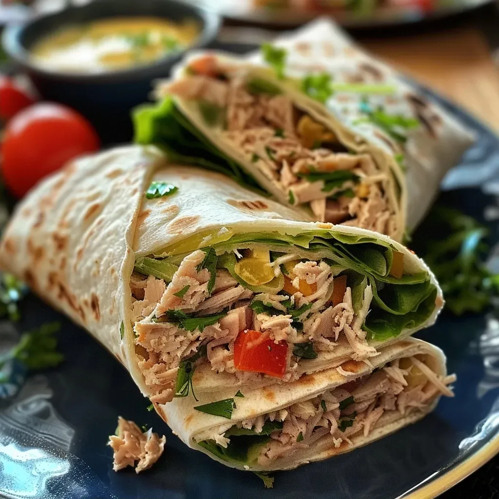 Side view of a Thunfisch wrap filled with vegetables and toppings.