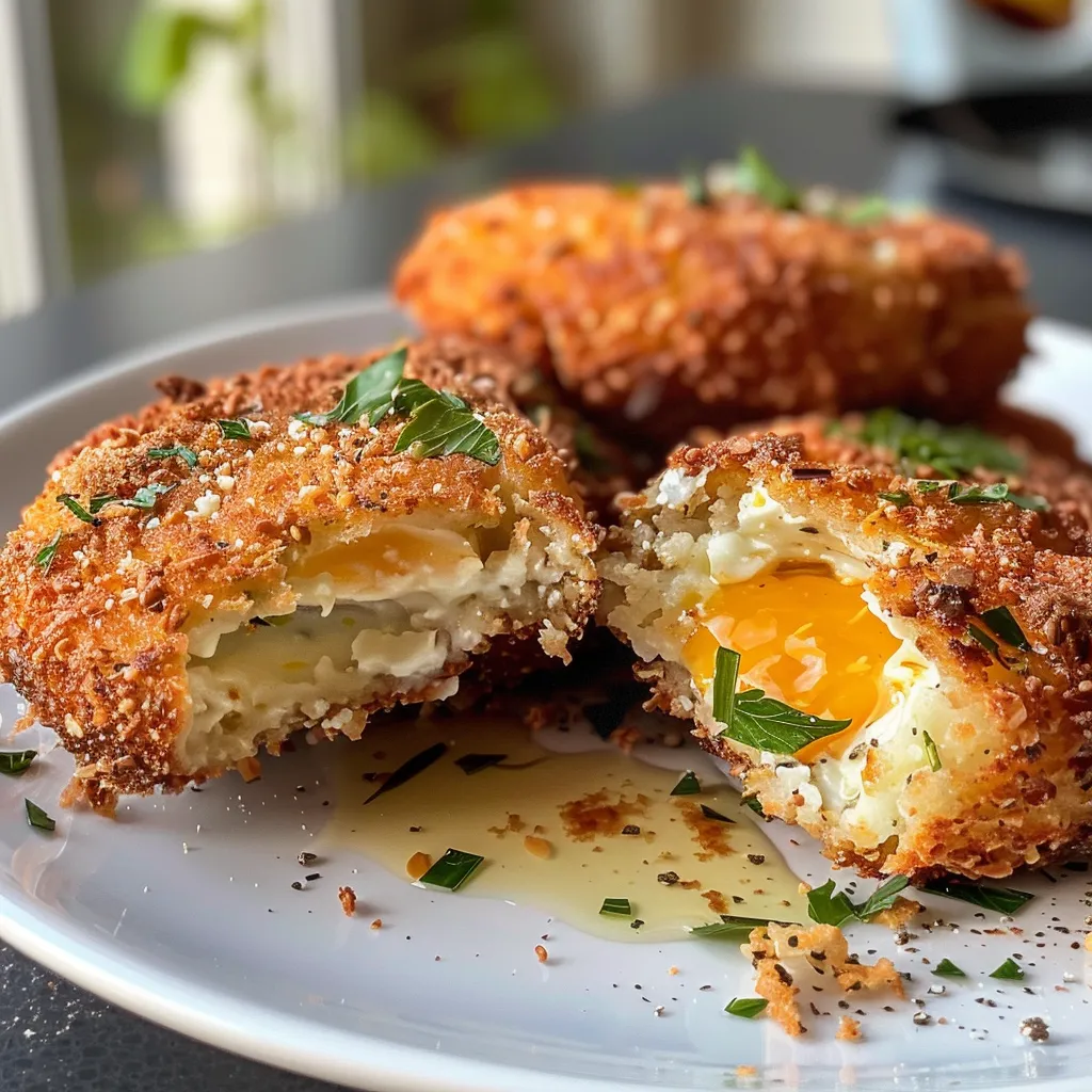 Side view of golden-brown fried goat cheese balls garnished with chives.