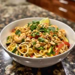 Close-up view of a colorful plate of Pad Thai inspired zoodles with shrimp, eggs, and vegetables.