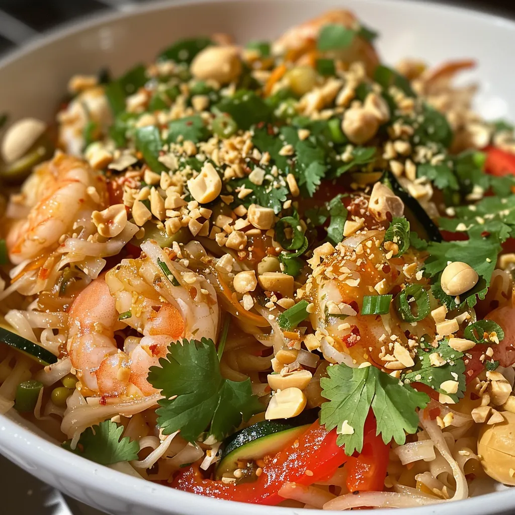 High protein Pad Thai zoodles featuring shrimp and fresh vegetables in a creamy peanut sauce.