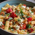 Close-up of Baked Feta Pasta with Chickpeas, highlighting the creamy feta and colorful cherry tomatoes.