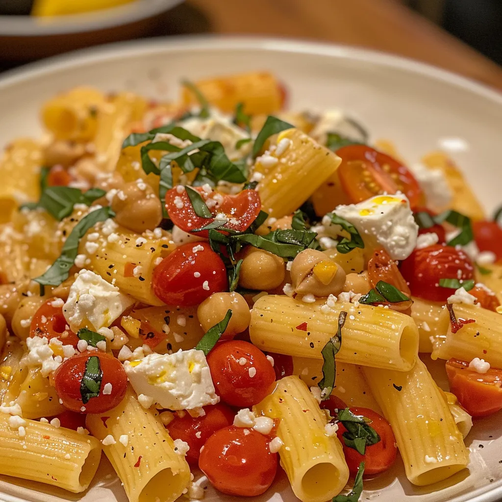 Side view of a bowl filled with Baked Feta Pasta, topped with fresh basil and red pepper flakes.