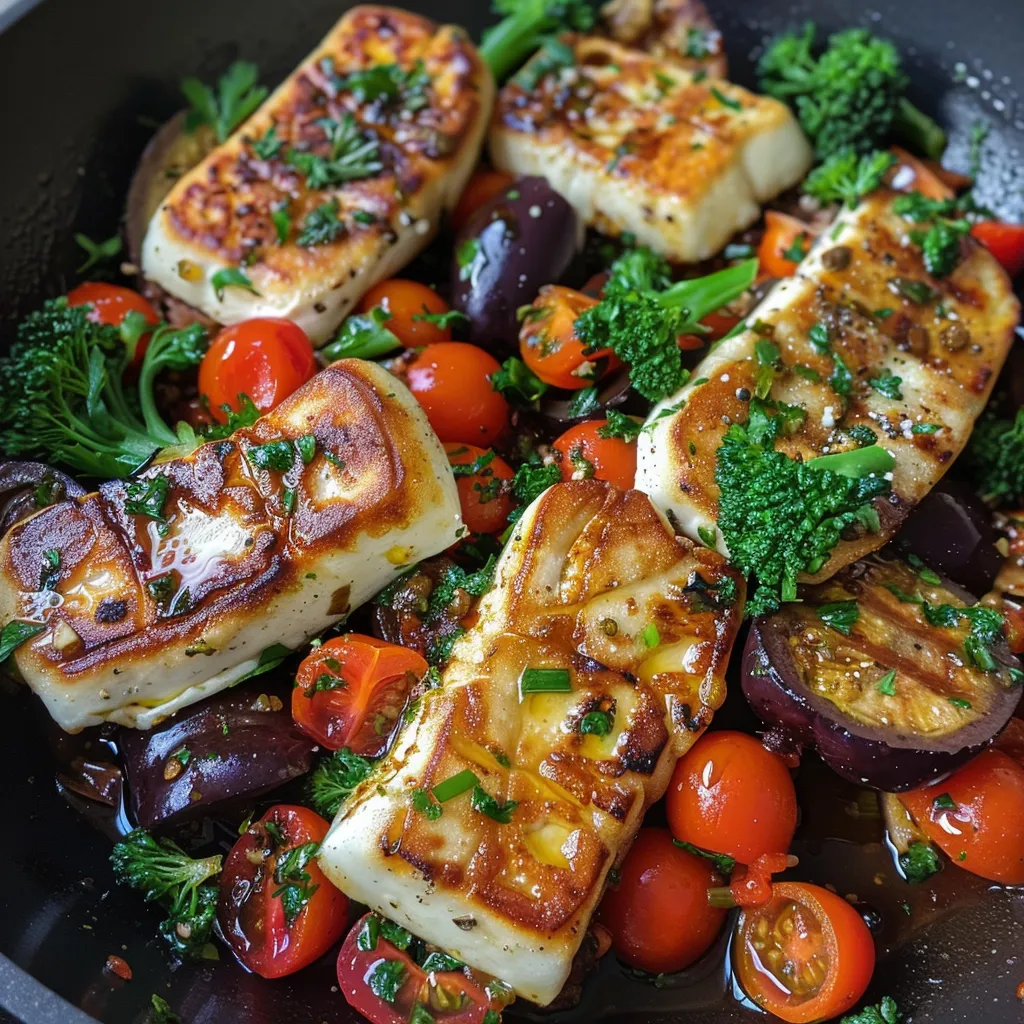 Close-up of a Halloumi tray bake beside vibrant roasted vegetables.