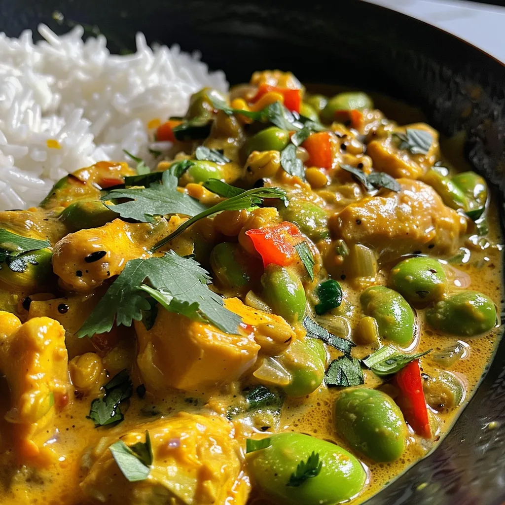 Delicious One-Pot Edamame Curry showcasing edamame and bell peppers.