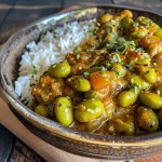 Close-up view of a vibrant green edamame curry in a bowl.