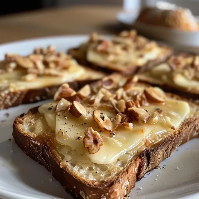 ['Close-up view of a juicy Überbackener Toast with toppings.', 'Side view of a melty cheese toast featuring pear and walnuts.', 'Image of golden-brown Überbackener Toast with fresh green onions.', 'Detailed shot of a savory cheese toast with cream and pear slices.']