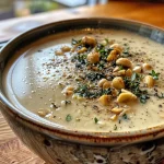['Close-up view of a creamy vegan cauliflower soup garnished with seeds and fresh parsley.', 'Side angle shot of a bowl containing thick vegan cauliflower soup, featuring herbs and crunchy seeds.', 'Detailed look at a vibrant bowl of vegan cauliflower soup, topped with pumpkin and sunflower seeds.', 'Appetizing vegan cauliflower soup in a bowl, showcasing herbs and a smooth, creamy texture.']