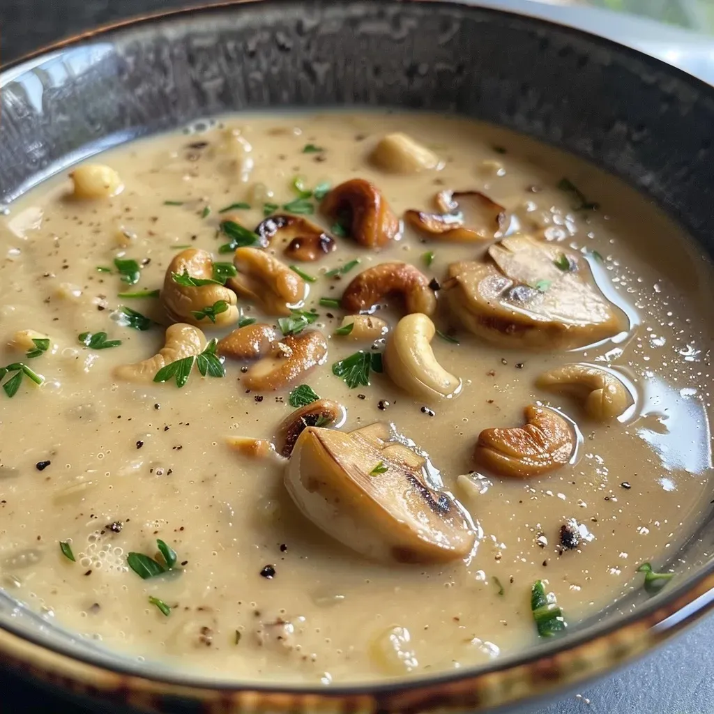 Close-up view of a creamy vegan cauliflower soup garnished with seeds and fresh parsley.