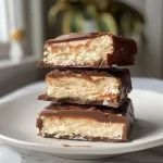 Close-up of a Vegan Kinder Riegel with creamy filling, showing its chocolate coating.