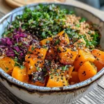 Close-up of a vibrant Vegane Winter-Kohlrabi Bowl featuring kohlrabi and butternut squash.