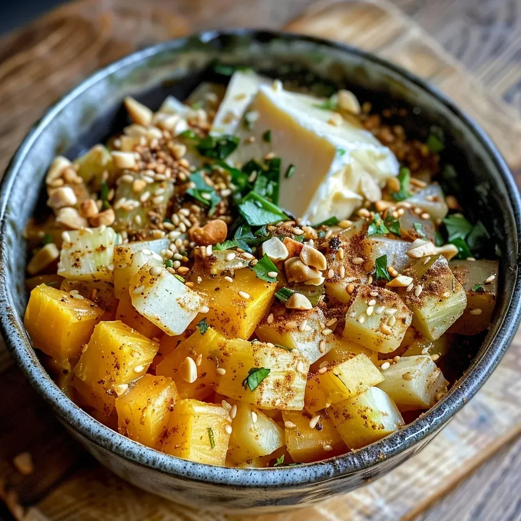 A side view of a colorful bowl filled with kohlrabi, butternut squash, and garnishes.