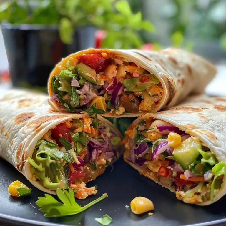 Bunte vegane Wraps mit Paprikacreme – Frisch, schnell und einfach! Close-up view of colorful vegan wraps filled with fresh vegetables and a creamy paprika sauce.