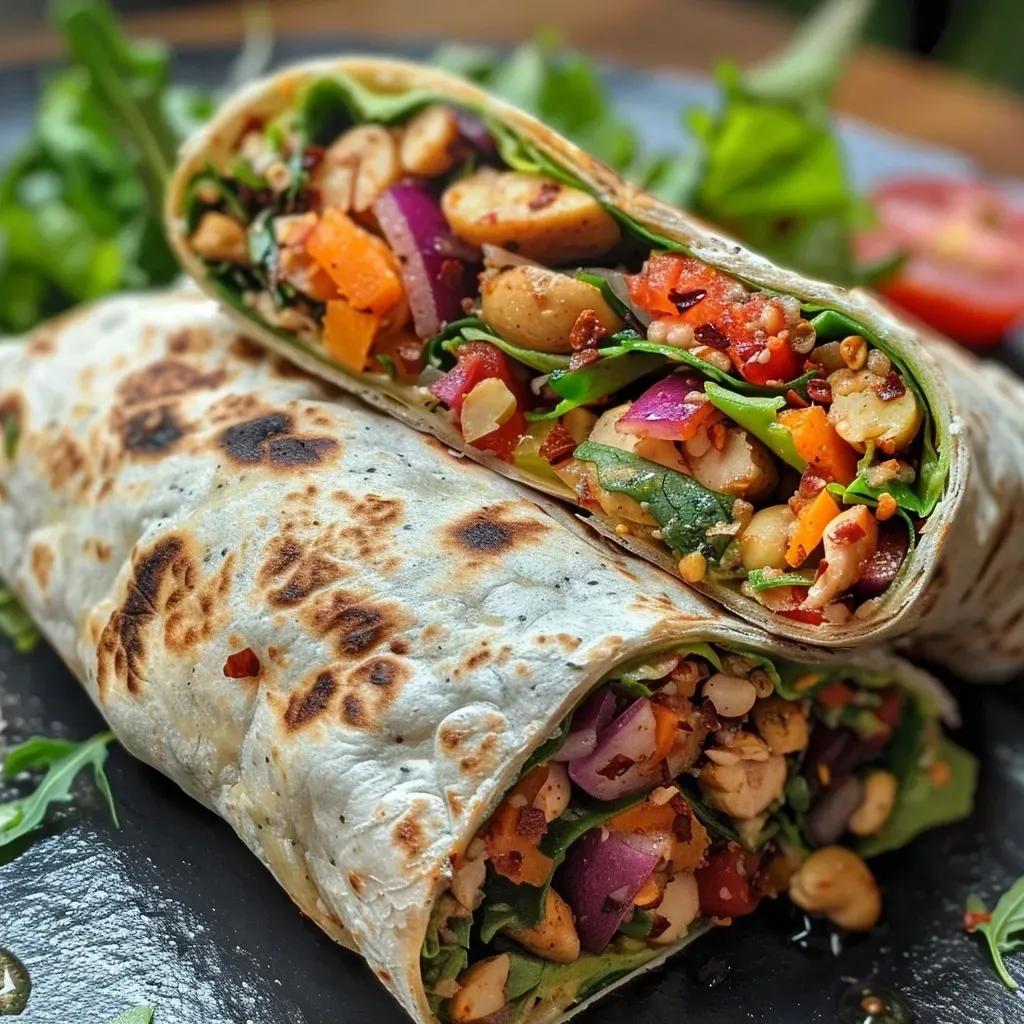 Side perspective of juicy vegan wraps showcasing vibrant ingredients like paprika and cucumber.