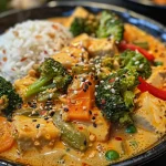 A close-up view of vibrant green curry filled with vegetables and tofu.