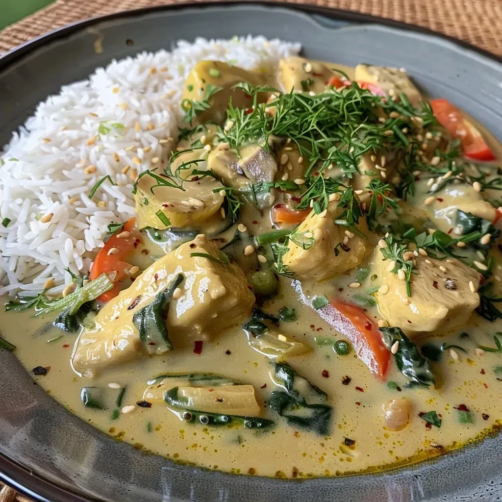 Side angle of a bowl of vegan Thai green curry showcasing fresh ingredients.
