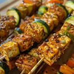 A close-up view of vibrant vegetable sticks made from zucchini, carrots, and bell peppers, accompanied by tofu cubes.