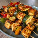 Close-up view of colorful vegetarian vegetable sticks with tofu on a plate.