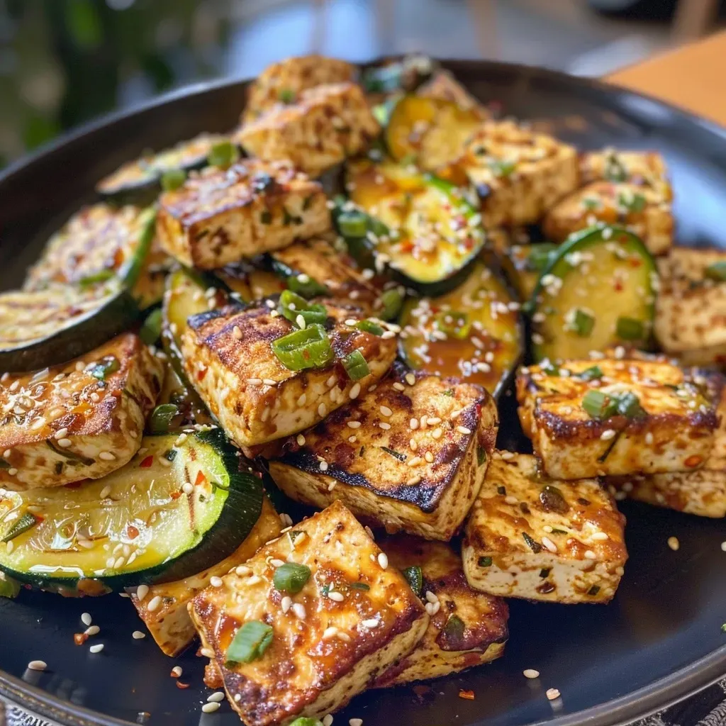 Side perspective of fresh vegetable sticks made from zucchini, carrots, and bell peppers, with tofu.