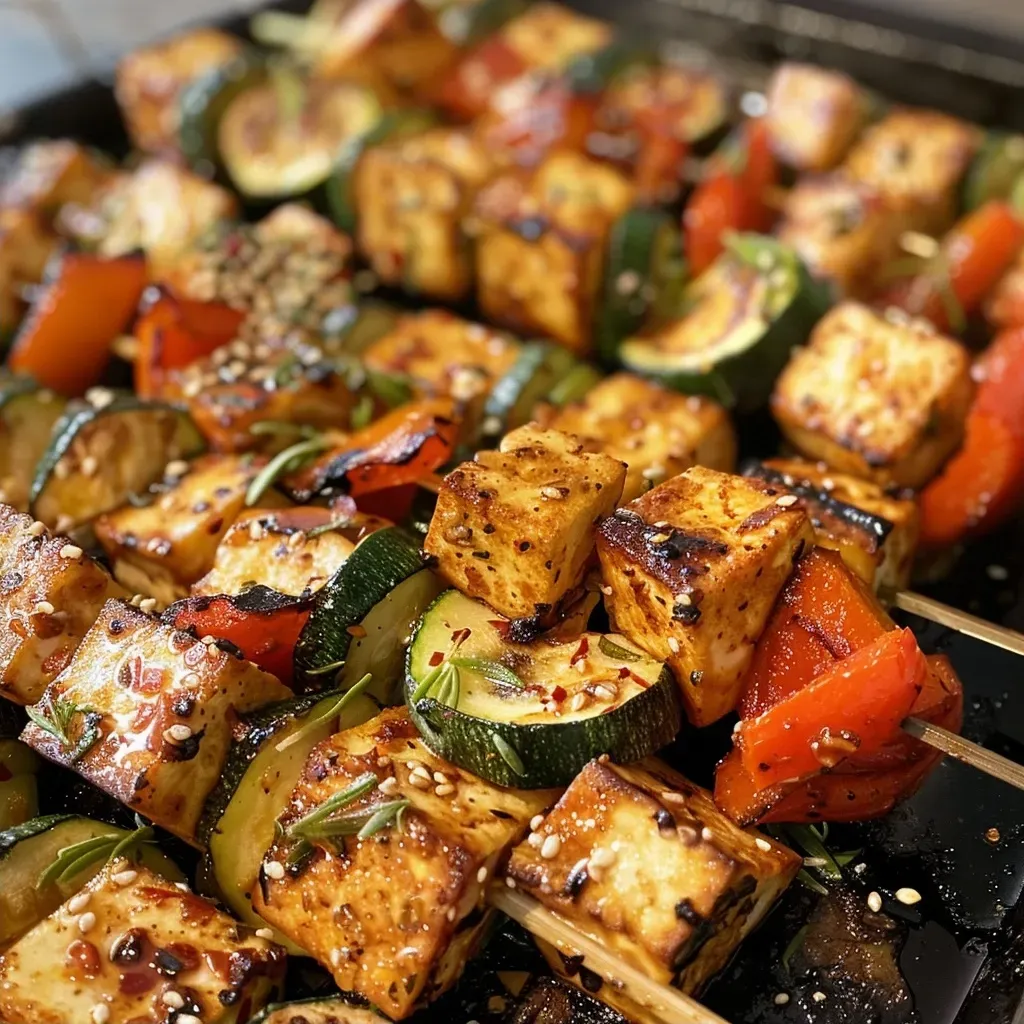 Close-up view of colorful vegetarian vegetable sticks with tofu on a plate.