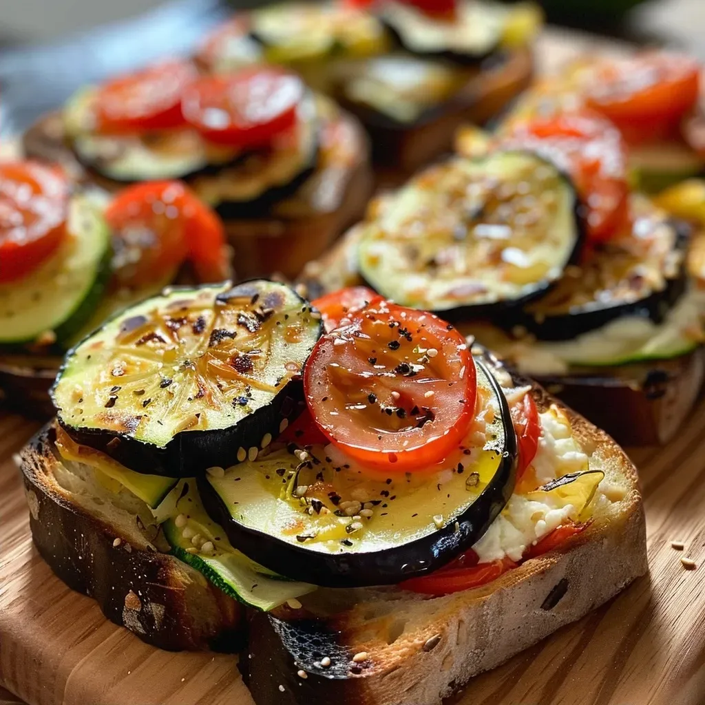 Close-up view of a delicious vegetarian toast featuring layers of fresh vegetables and cheese.