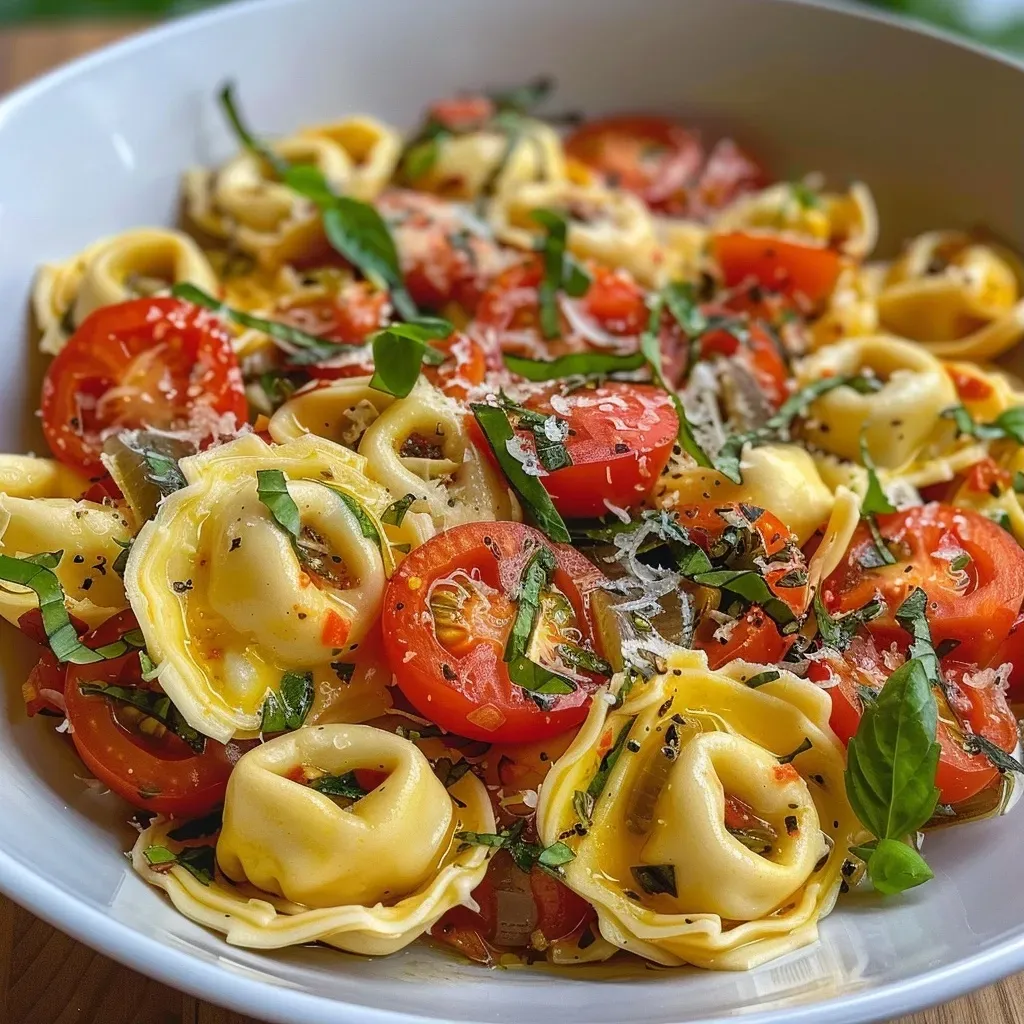 Side view of a delicious vegetarian tortellini bake with golden cheese on top.