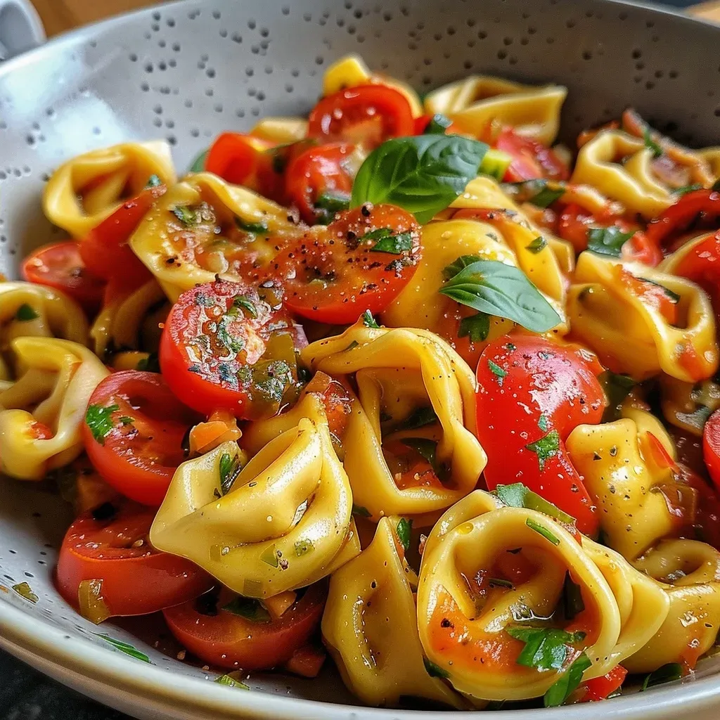 Close-up of a bubbling vegetarian tortellini casserole, showcasing vibrant ingredients like tomatoes and herbs.