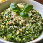 Close-up view of a vibrant green vegetarian pesto in a bowl, garnished with pine nuts.