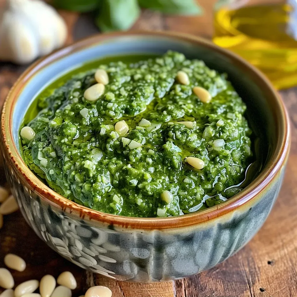 Side view of freshly made vegetarian pesto with basil leaves and pine nuts in an elegant dish.
