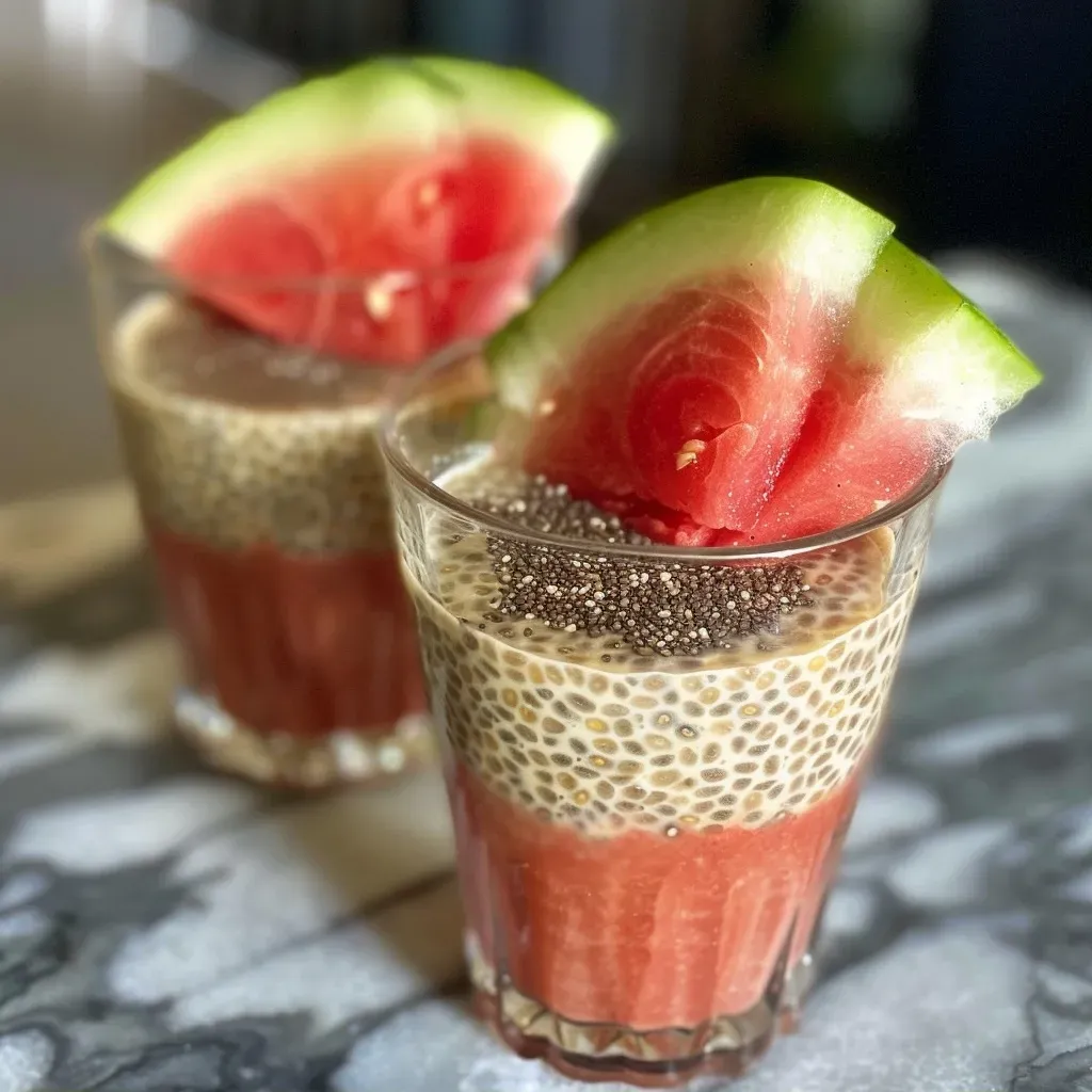 Close-up view of a glass bowl filled with watermelon chia pudding topped with fresh watermelon pieces.