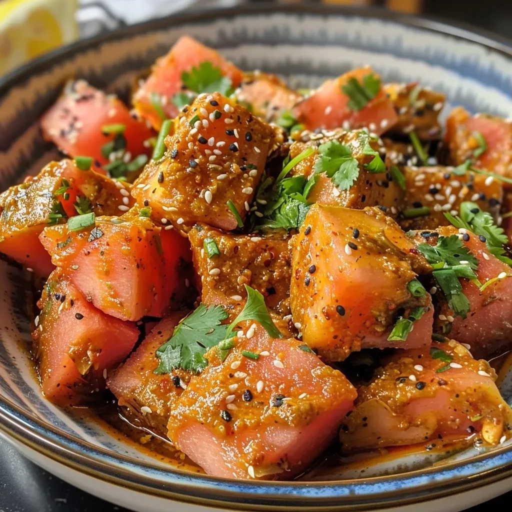 Close-up of a vibrant watermelon curry with diced carrots and green bell peppers in a bowl.