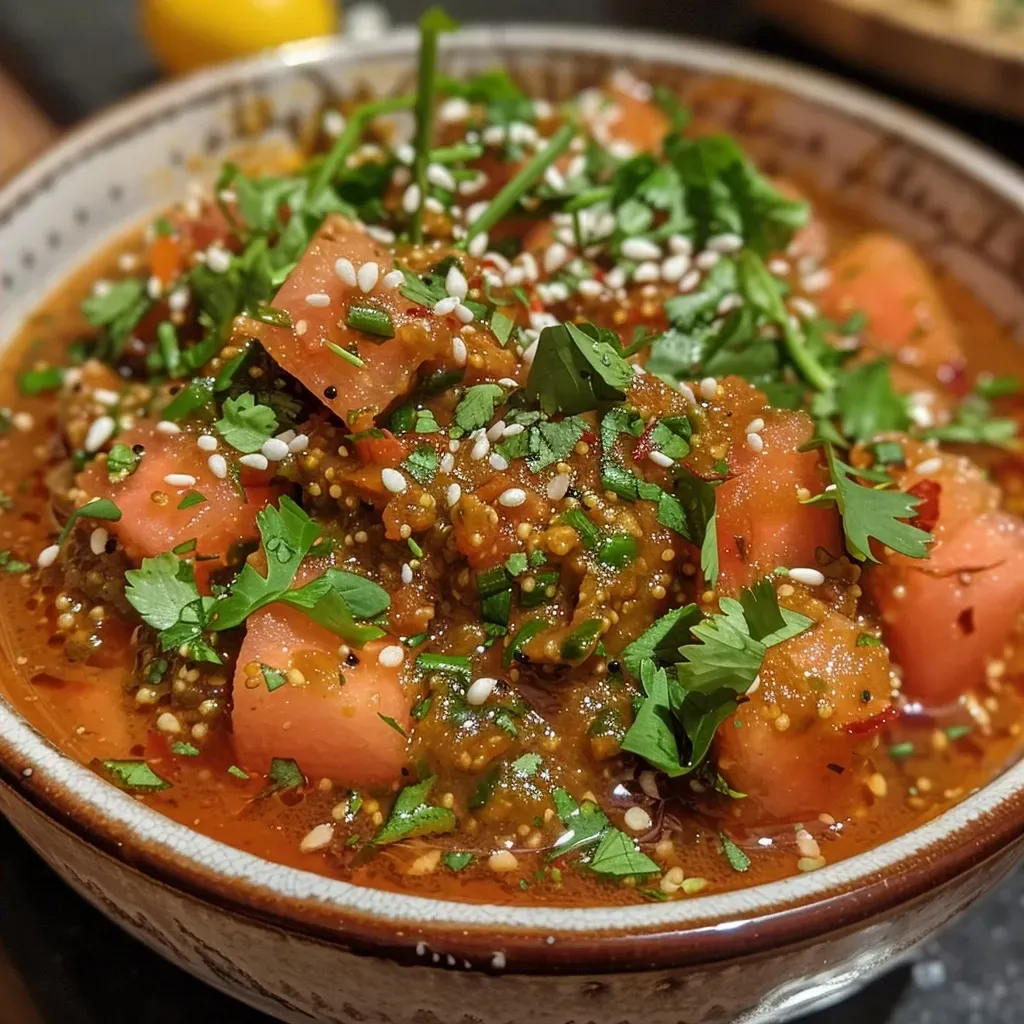 Juicy watermelon curry featuring colorful diced vegetables, garnished with fresh coriander.