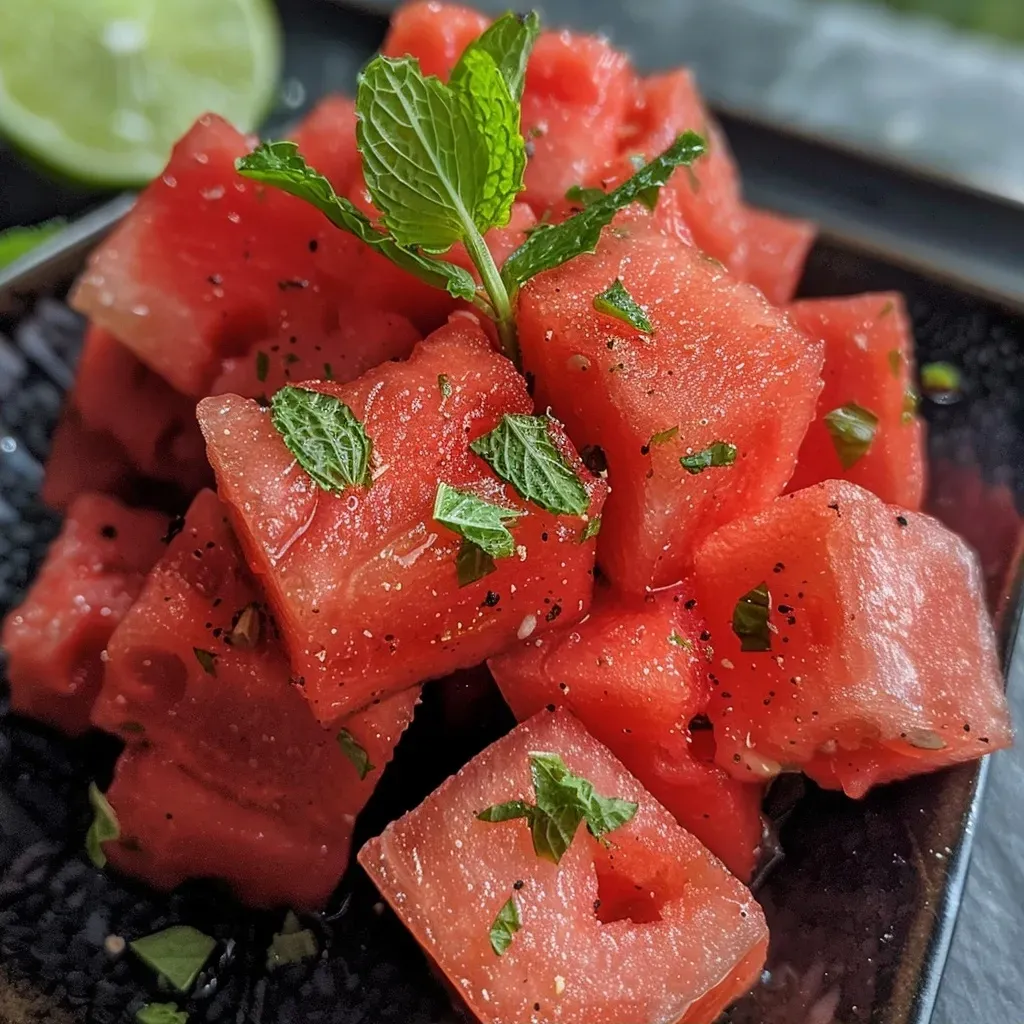 Side view of a glass filled with watermelon cubes and a splash of lime.