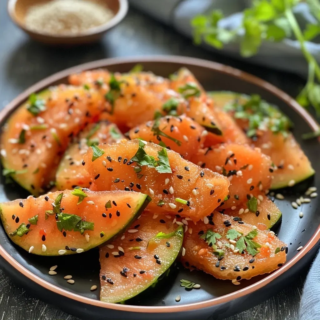 Side view of golden-brown air-fried watermelon rind crispies with fresh coriander.