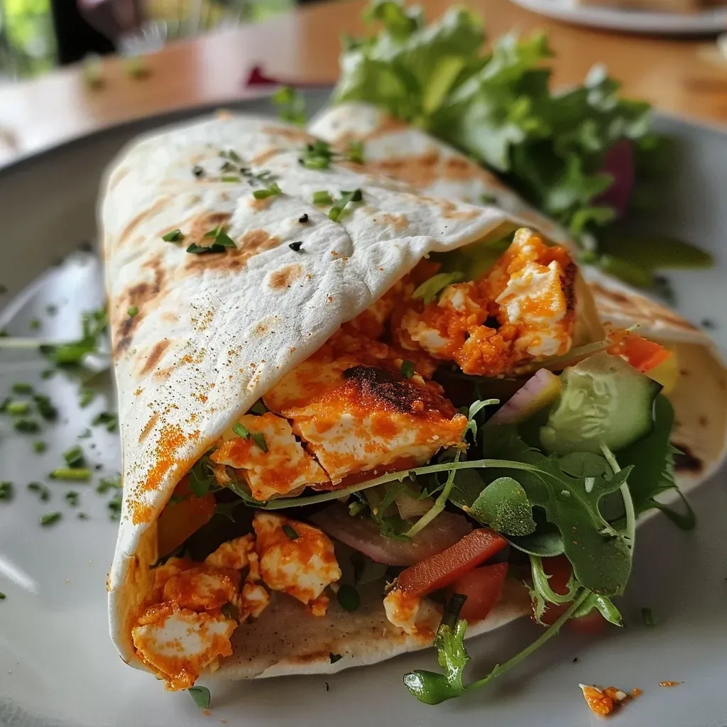 A side view of a chicken and salad wrap showcasing vibrant ingredients.