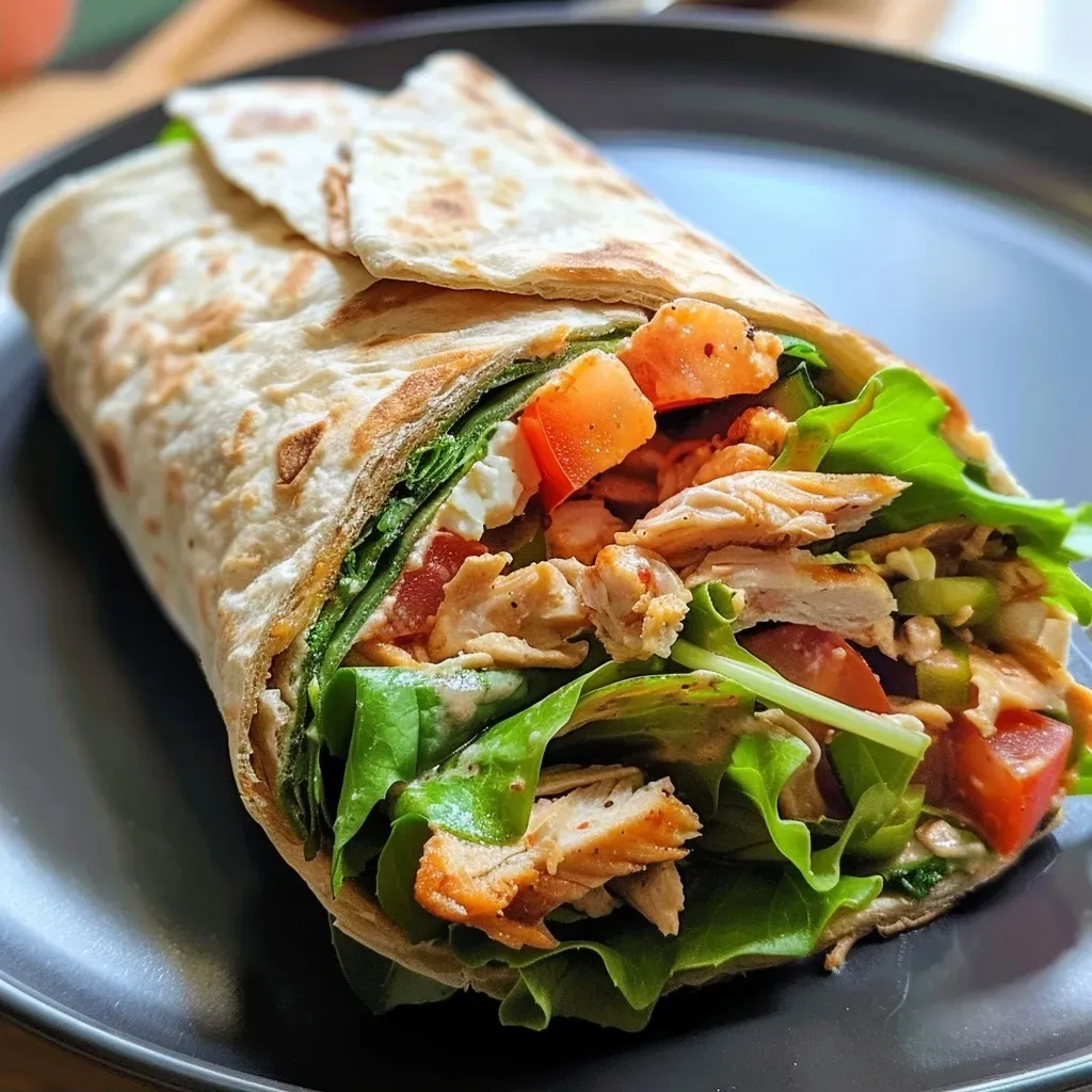 Close-up of a juicy chicken wrap filled with lettuce and red pepper.