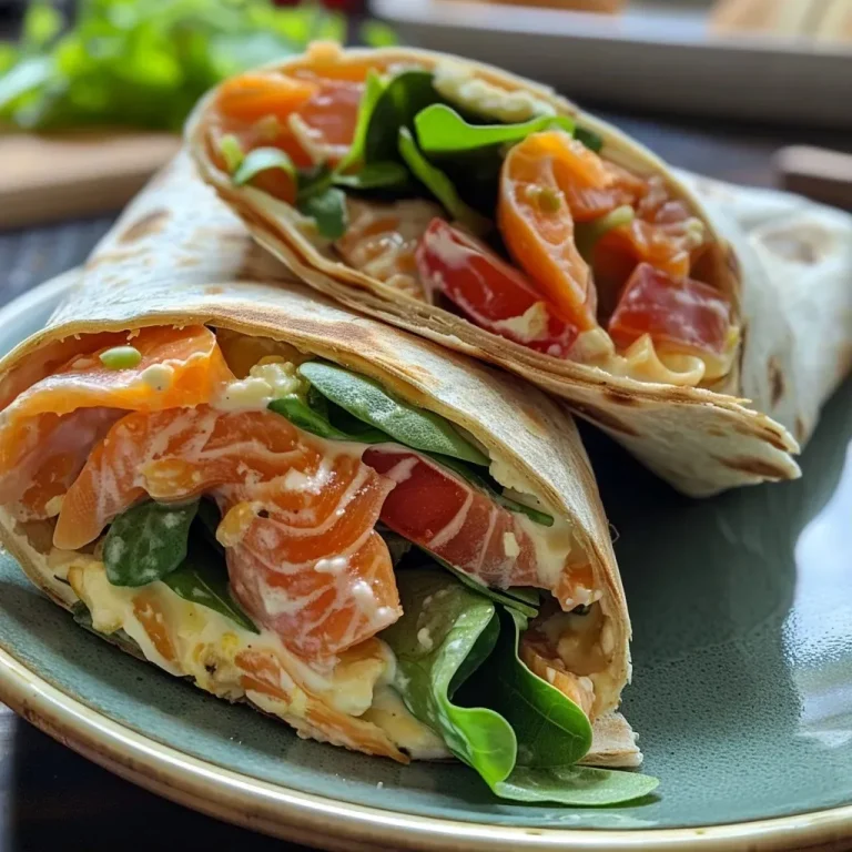 Close-up view of a delicious wrap filled with salmon, cream cheese, and fresh vegetables.