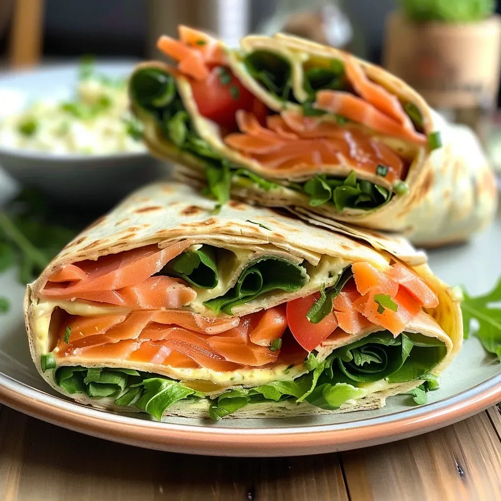 Side angle of a whole grain wrap showcasing layers of smoked salmon and cream cheese.
