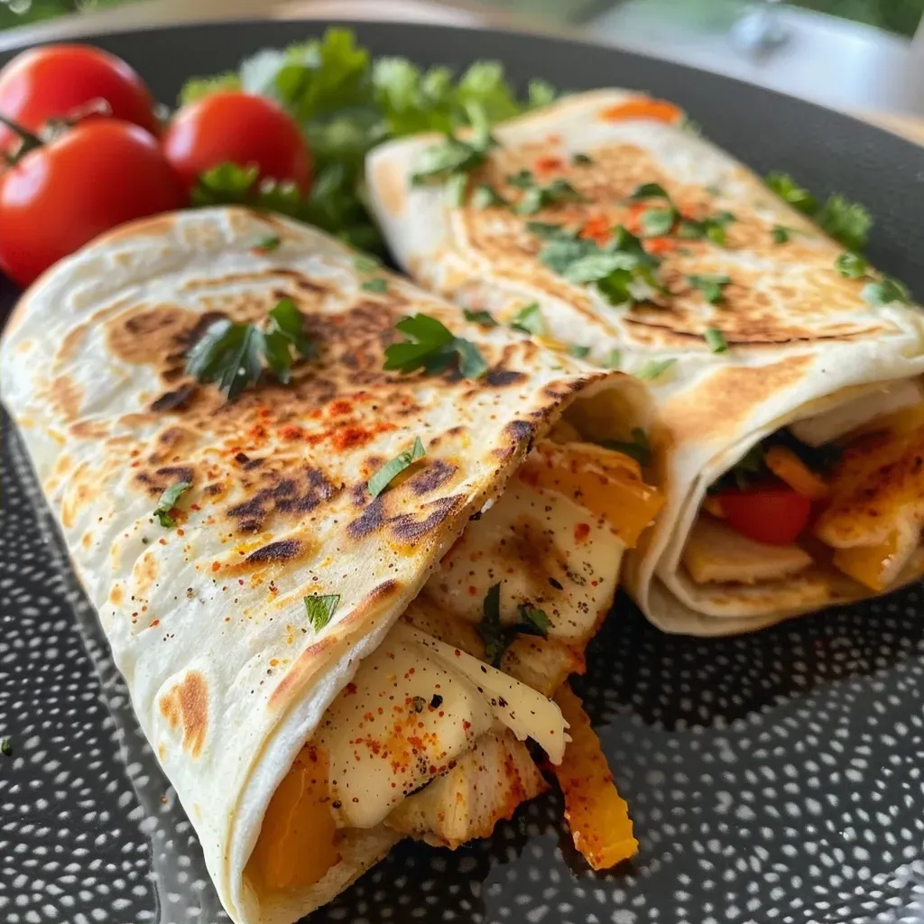 Side perspective of deliciously rolled tortilla wraps filled with chicken and vegetables.
