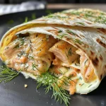 Close-up of a tortilla wrap filled with smoked salmon and cream cheese.