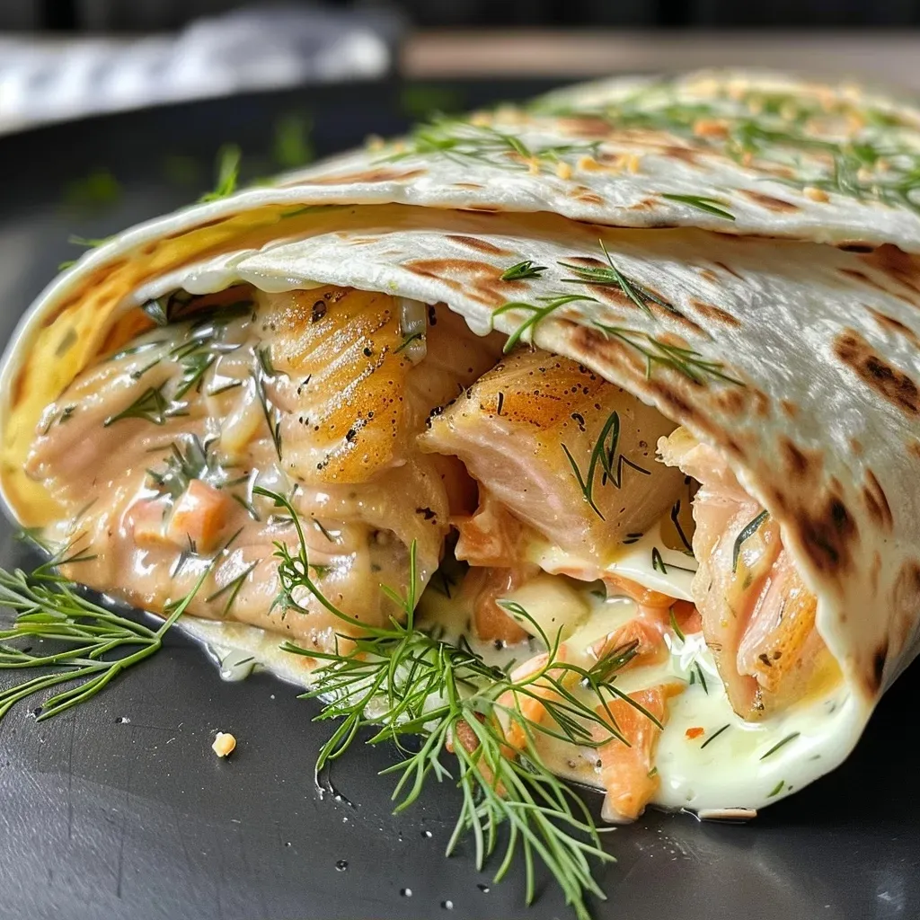 Close-up of a tortilla wrap filled with smoked salmon and cream cheese.