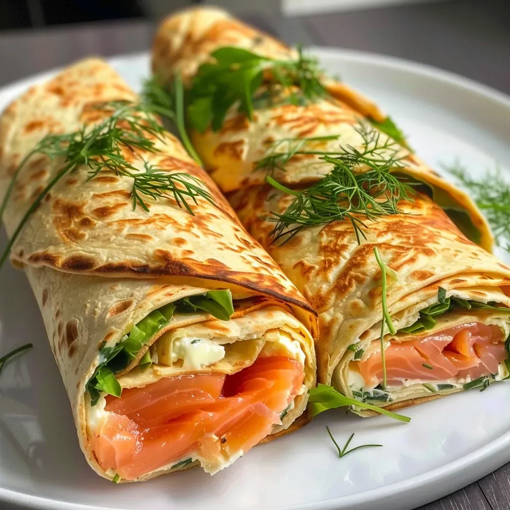 Side view of a delicious salmon and cream cheese wrap garnished with greenery.